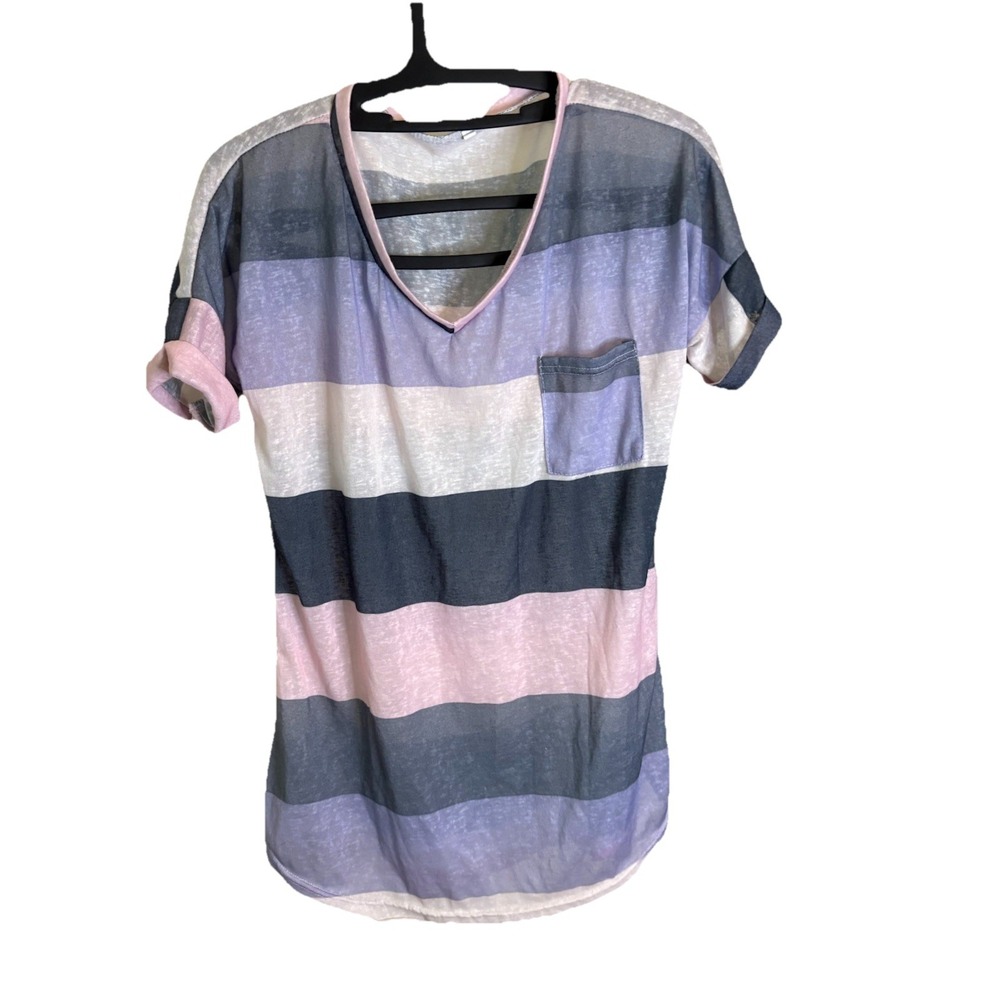 Unbranded Womens Blouse‎ Size XXL Pink Purple Striped Short Rolled Sleeve V-Neck